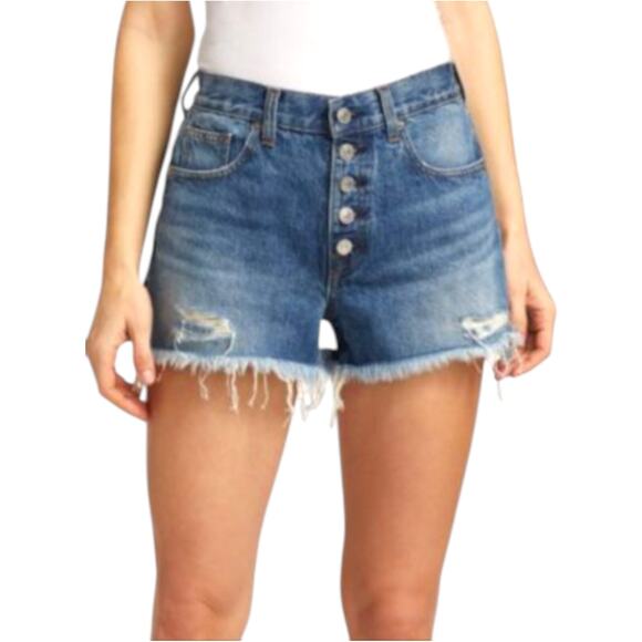 7 For All Mankind Monroe Cutoffs 27 w/ Exposed Buttons in Pisces Blue Rigid $145 - Picture 1 of 8